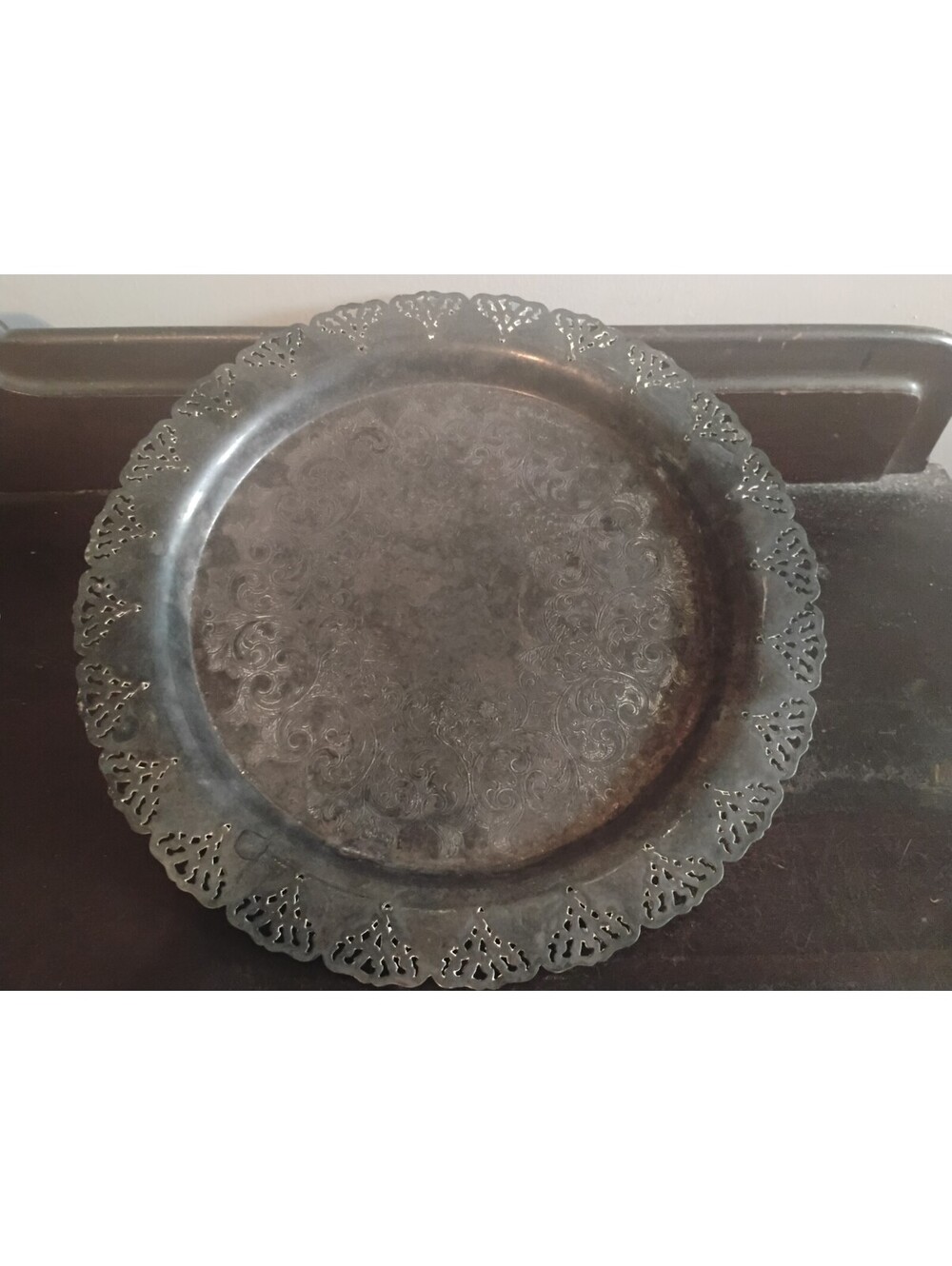 Vintage Silver Tone Ornate Repoussé Serving Tray with Pierced Lace Rim